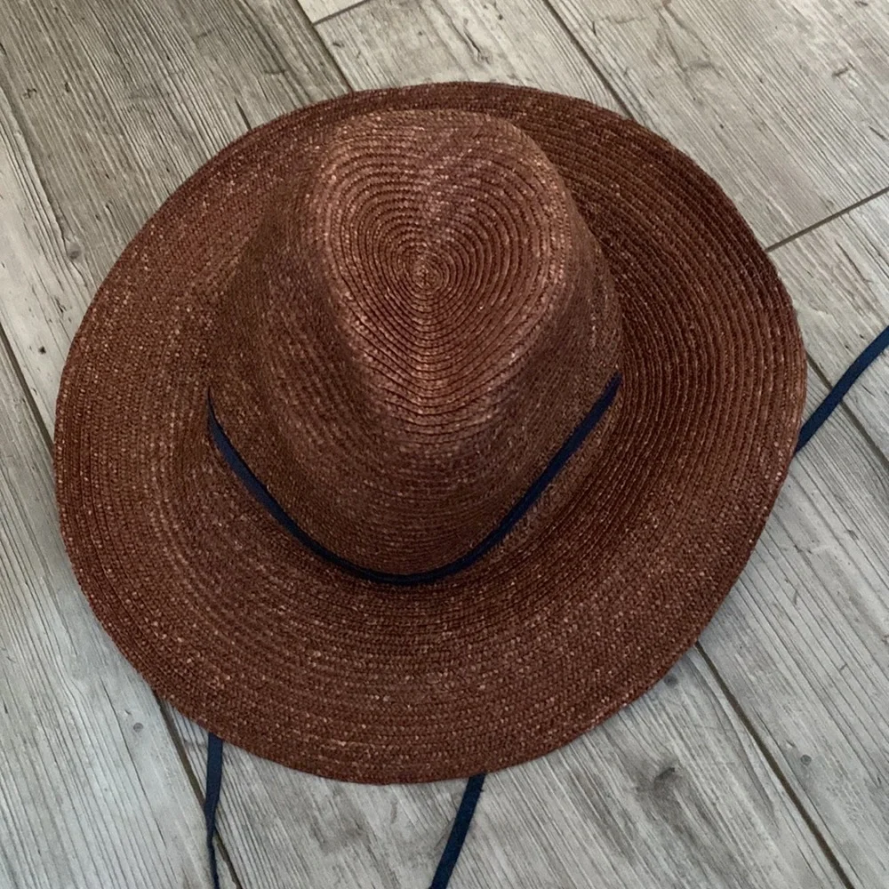 Lola hat from Tuckernuck Wide-Brim Straw Fedora in Rust with Navy Band - Picture 7 of 11